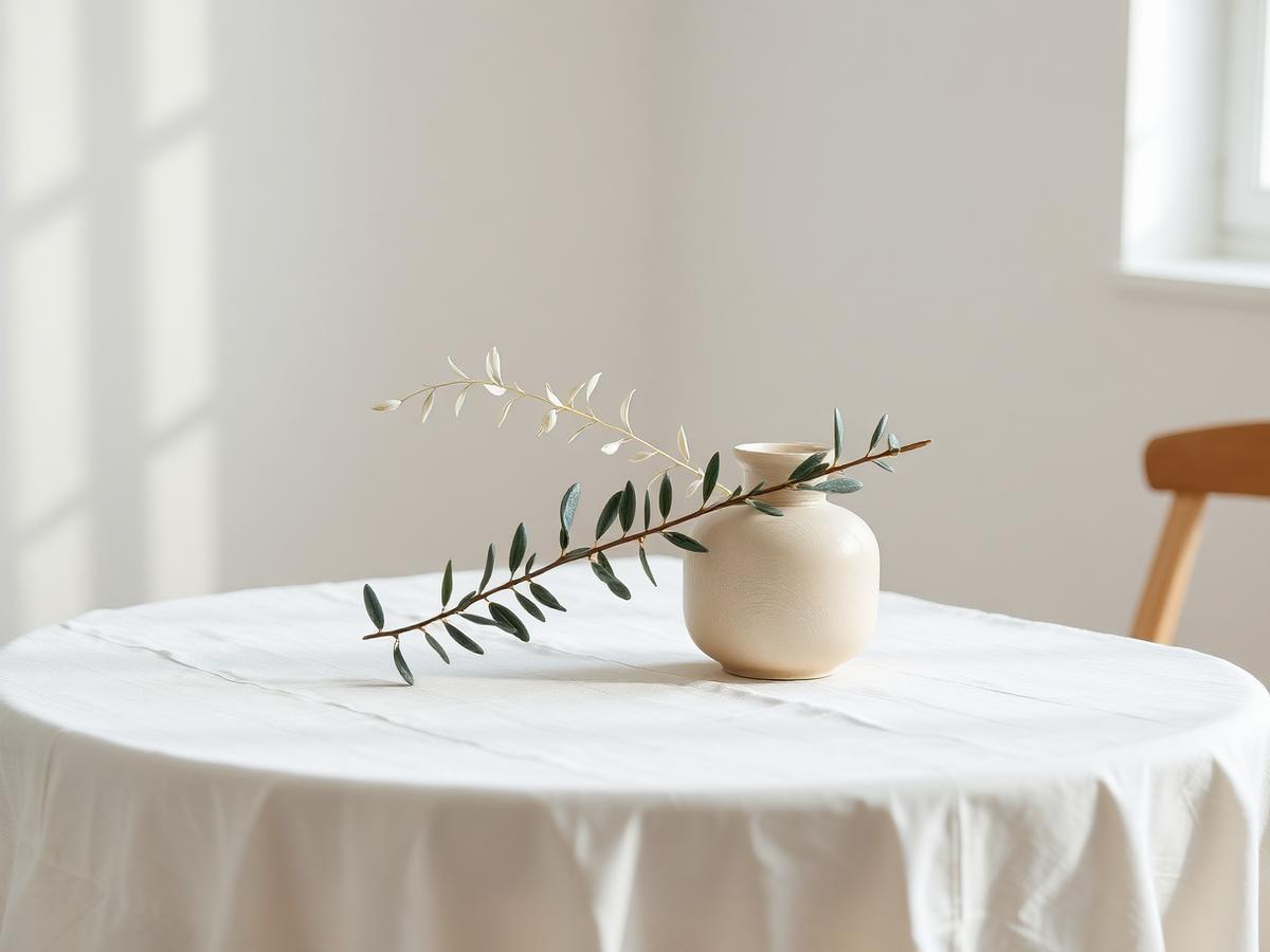 Hvit duk med olivengren i beige vase